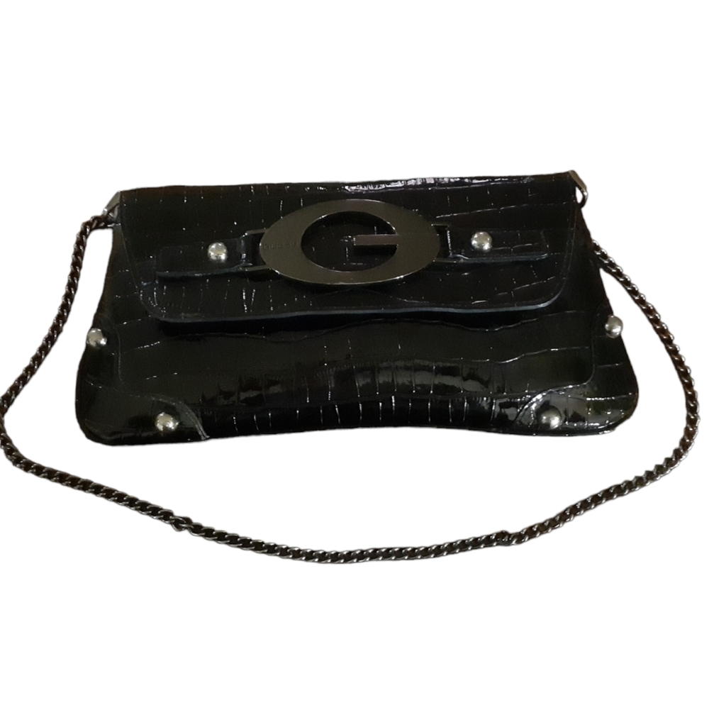 Guess Y2K Black Croc Embossed Clutch Shoulder Bag Gunmetal G Logo Buckle